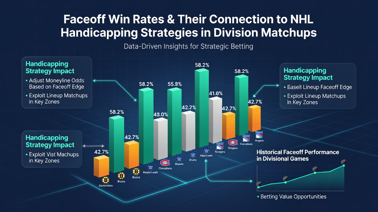 Chart displaying NHL division standings alongside faceoff win rate correlations for handicapping models