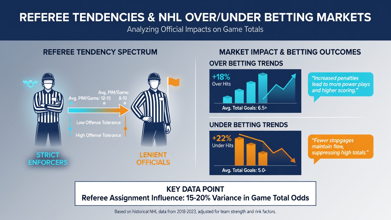 Betting analysts reviewing NHL referee statistics and over/under totals on a data dashboard